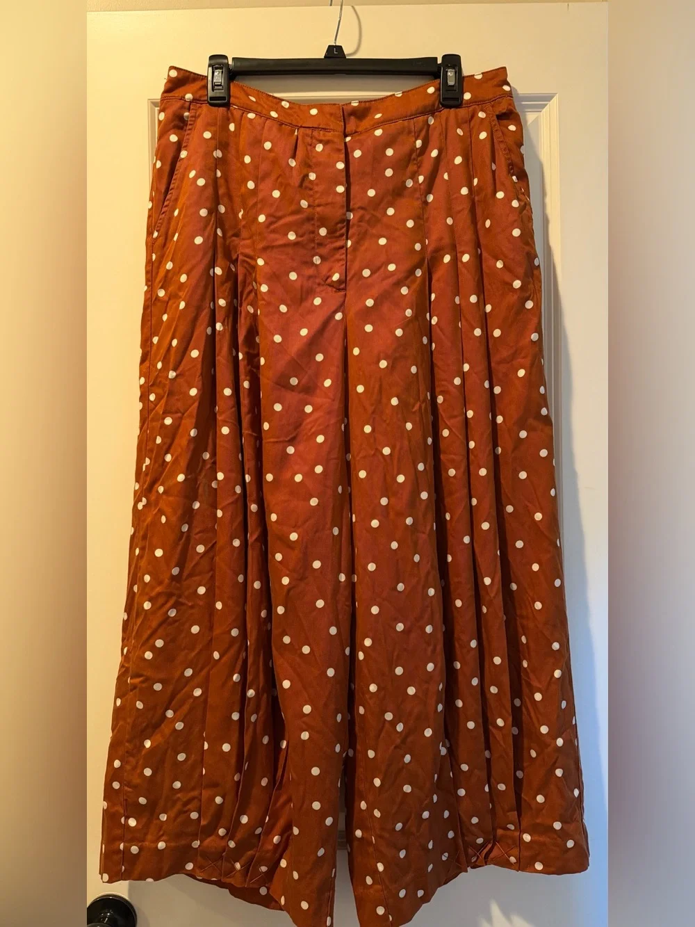 Anthropologie wide-leg palazzo brown polka dots pleated pants, Size Large - Picture 2 of 6